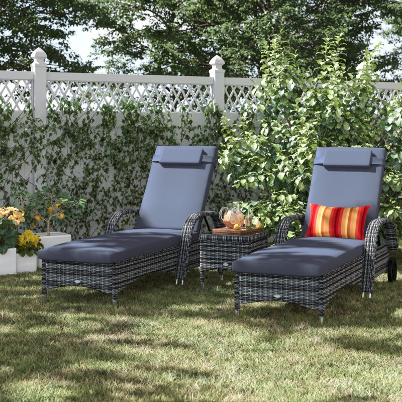 【Furniture】【BS】3 PCS Patio Wicker Chaise Lounge Chair Set, Outdoor Reclining Chair with Table & Cushion
